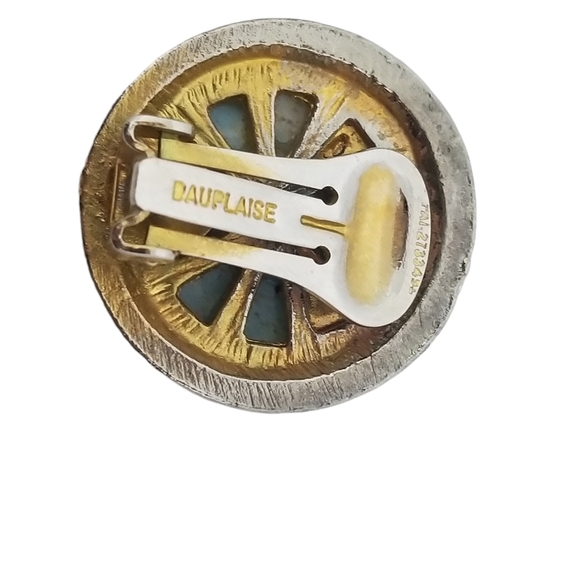 CAROL DAUPLAISE VINTAGE BLUE GEMSTONE CABACHON & GOLDTONE CLIP ON EARRINGS - Picture 6 of 6